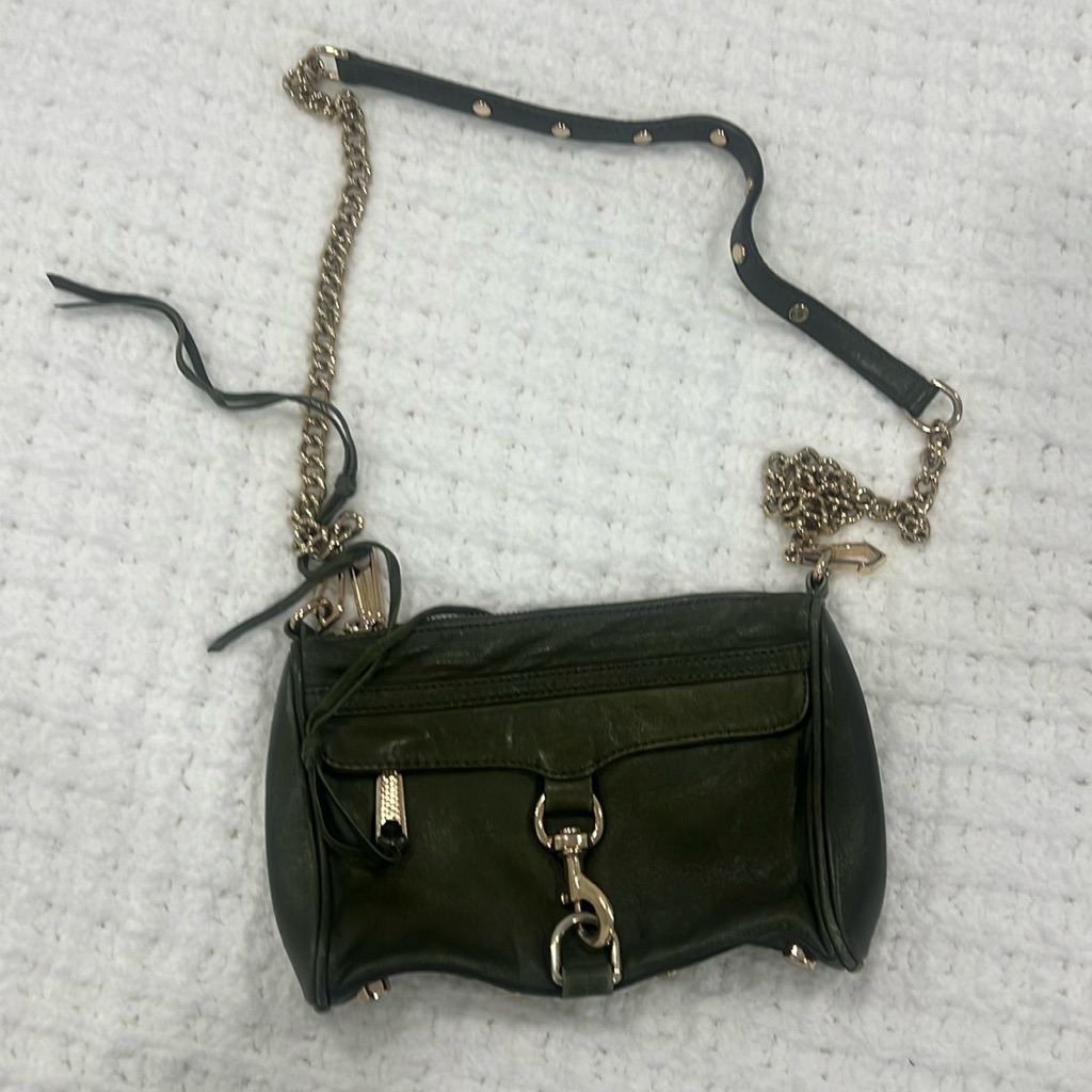 Rebecca Minkoff Olive Green Leather Crossbody Bag With Gold Chain Good Condition